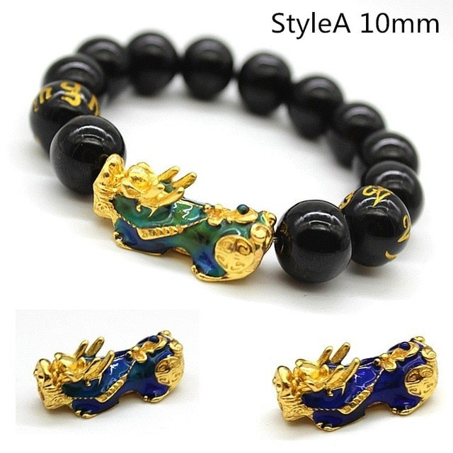 Men's Bracelet Feng Shui Obsidian with Gold-Plating Pi Xiu Bracelet Men Wealth Brave Jewelry
