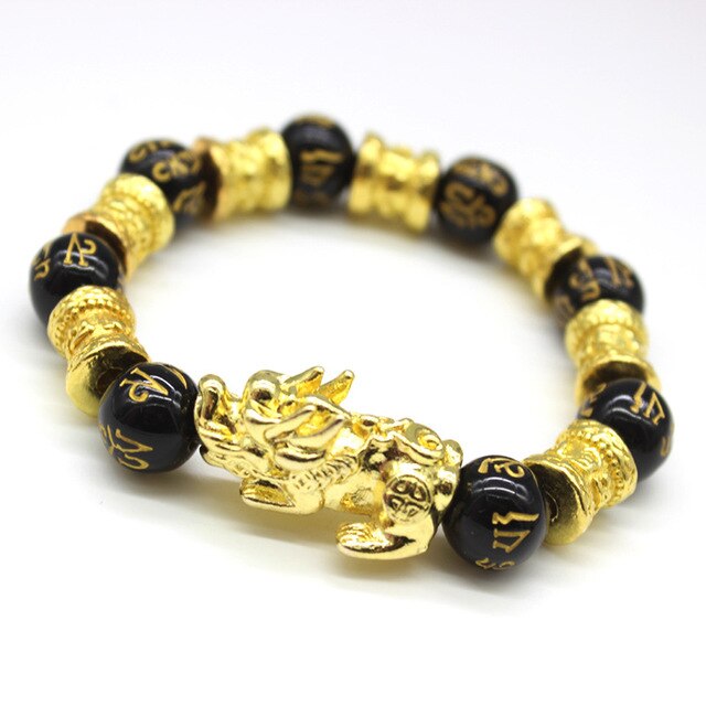 Men's Bracelet Feng Shui Obsidian with Gold-Plating Pi Xiu Bracelet Men Wealth Brave Jewelry