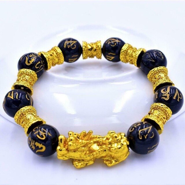 Men's Bracelet Feng Shui Obsidian with Gold-Plating Pi Xiu Bracelet Men Wealth Brave Jewelry