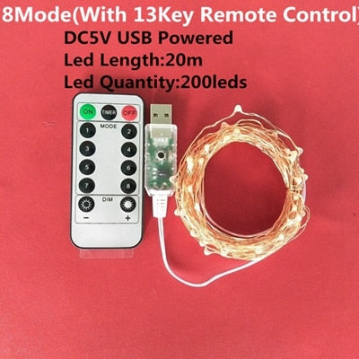 Led String Light 5/10M/20M 50/100/200LED USB 8Mode Remote Control Lights Fairy garlands Wedding Christmas Holiday Decor lamps