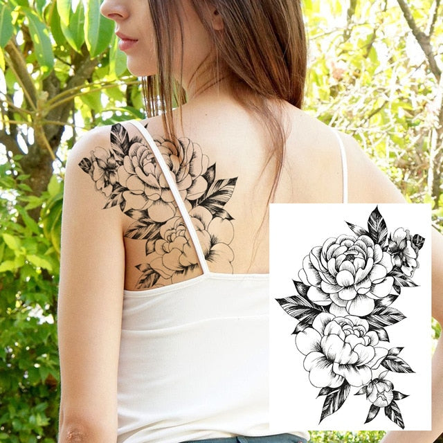 Sexy Flower Temporary Tattoos For Women Body Art Painting Arm Legs Tattoos Sticker Realistic Fake Black Rose Waterproof Tattoos