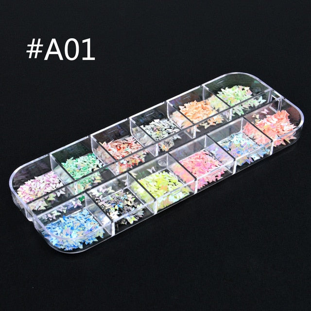 12 Grids Charm 3D Nail Flakes Butterfly Shape Laser Glitter Sequins Holographic Nail Art Decorations Manicure DIY Tips