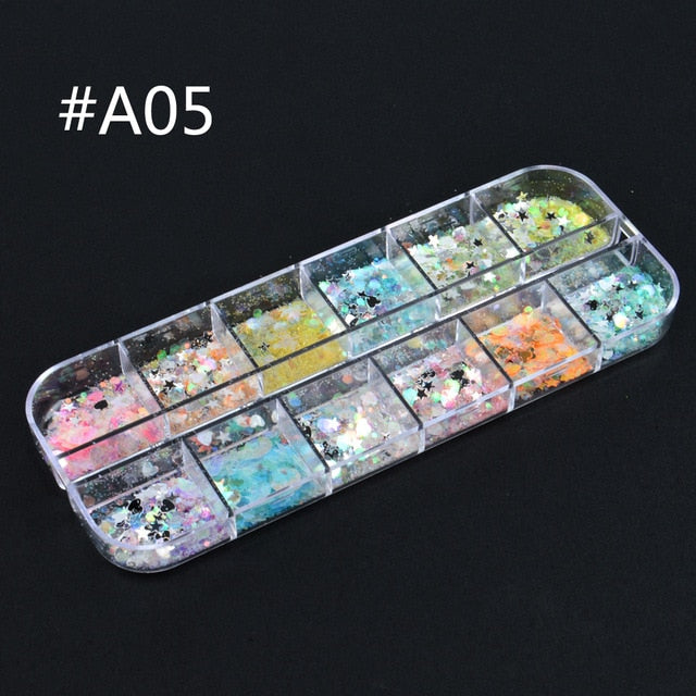 12 Grids Charm 3D Nail Flakes Butterfly Shape Laser Glitter Sequins Holographic Nail Art Decorations Manicure DIY Tips