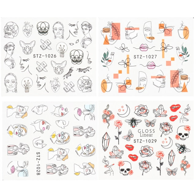 Abstract Lady Face Nail Decals Water Black Leaf Sliders Paper Nail Art Decor Gel Polish Sticker Manicure Foils CHSTZ1018-1033