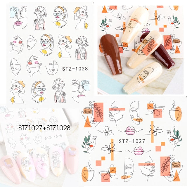 Abstract Lady Face Nail Decals Water Black Leaf Sliders Paper Nail Art Decor Gel Polish Sticker Manicure Foils CHSTZ1018-1033