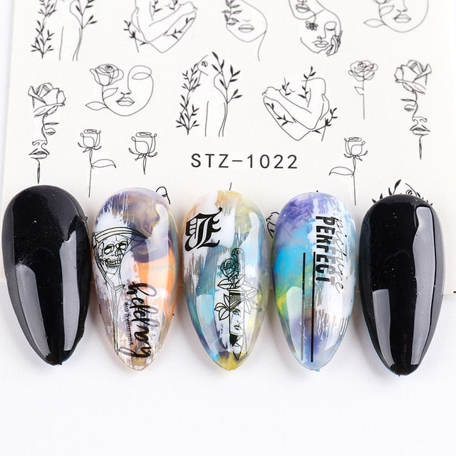 Abstract Lady Face Nail Decals Water Black Leaf Sliders Paper Nail Art Decor Gel Polish Sticker Manicure Foils CHSTZ1018-1033