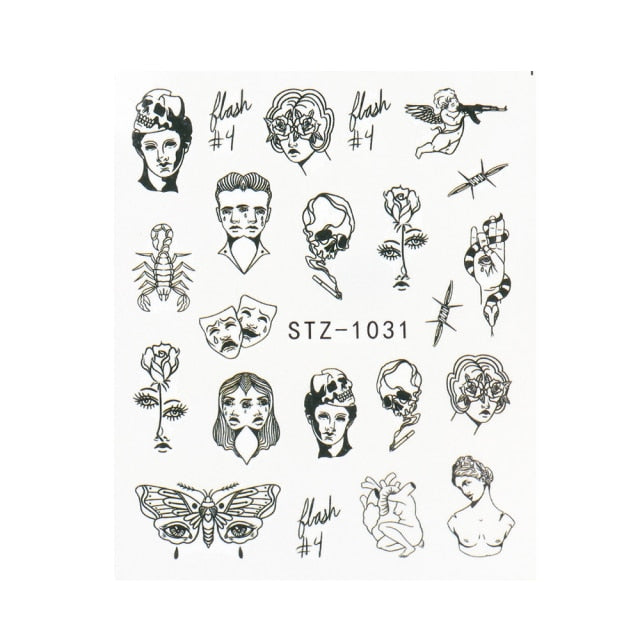 Abstract Lady Face Nail Decals Water Black Leaf Sliders Paper Nail Art Decor Gel Polish Sticker Manicure Foils CHSTZ1018-1033