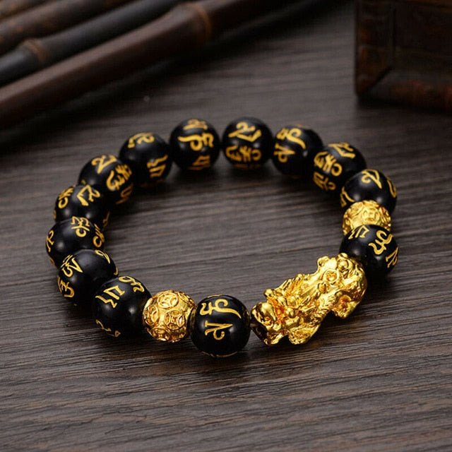 Stone Beads Bracelet Men Women Unisex Chinese Feng Shui Pi Xiu Obsidian Wristband Gold Wealth and Good Luck Women Bracelets