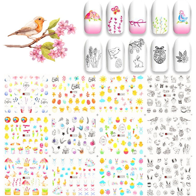 12 Designs Nail Stickers Set Mixed Floral Geometric Nail Art Water Transfer Decals Sliders Flower Leaves Manicures Decoration