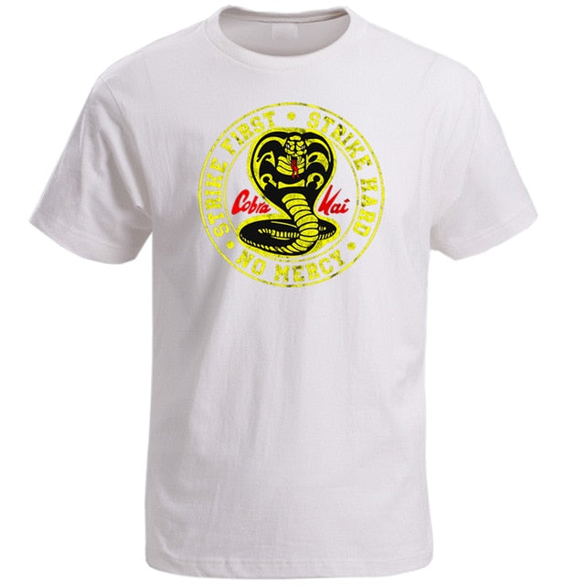 Cobra Kai T Shirt Men Strike First Strike Hard No Mercy Tshirt Shirts Cotton Summer Top Tshirts Short Sleeves Tees Black T-Shirt