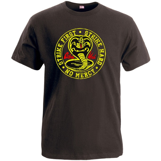 Cobra Kai T Shirt Men Strike First Strike Hard No Mercy Tshirt Shirts Cotton Summer Top Tshirts Short Sleeves Tees Black T-Shirt