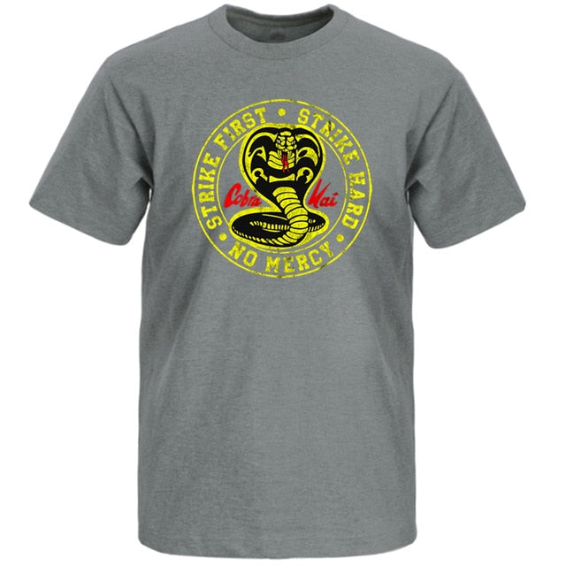 Cobra Kai T Shirt Men Strike First Strike Hard No Mercy Tshirt Shirts Cotton Summer Top Tshirts Short Sleeves Tees Black T-Shirt