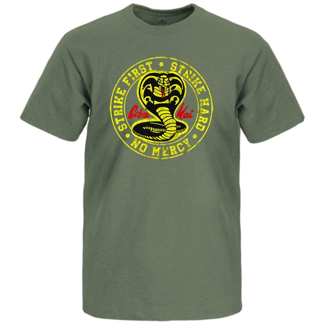 Cobra Kai T Shirt Men Strike First Strike Hard No Mercy Tshirt Shirts Cotton Summer Top Tshirts Short Sleeves Tees Black T-Shirt