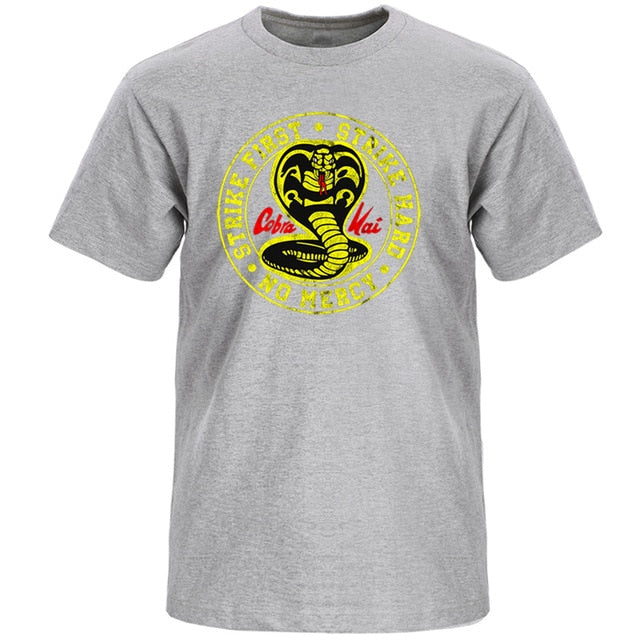 Cobra Kai T Shirt Men Strike First Strike Hard No Mercy Tshirt Shirts Cotton Summer Top Tshirts Short Sleeves Tees Black T-Shirt