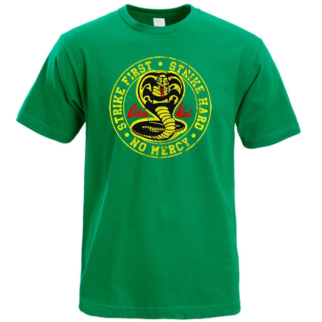 Cobra Kai T Shirt Men Strike First Strike Hard No Mercy Tshirt Shirts Cotton Summer Top Tshirts Short Sleeves Tees Black T-Shirt