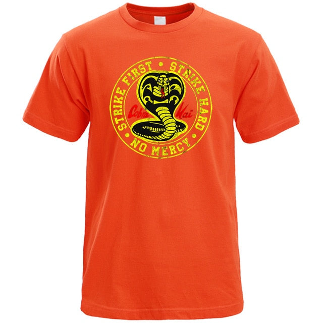 Cobra Kai T Shirt Men Strike First Strike Hard No Mercy Tshirt Shirts Cotton Summer Top Tshirts Short Sleeves Tees Black T-Shirt