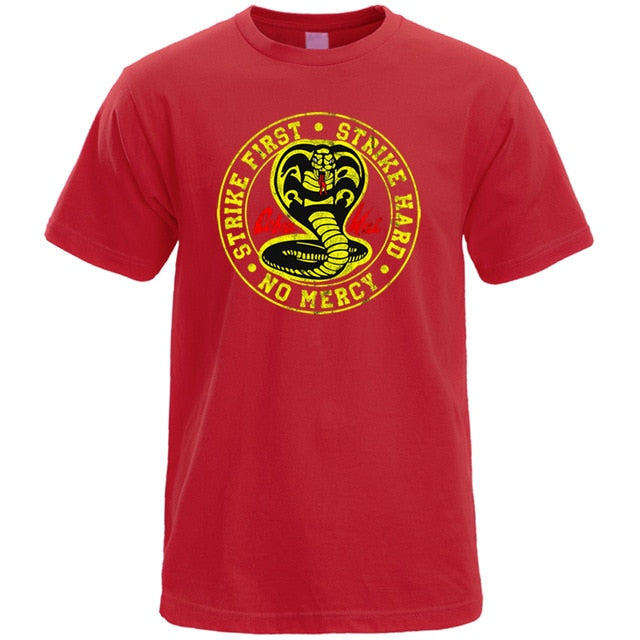 Cobra Kai T Shirt Men Strike First Strike Hard No Mercy Tshirt Shirts Cotton Summer Top Tshirts Short Sleeves Tees Black T-Shirt