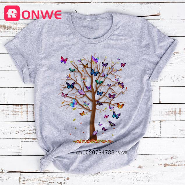 Woman Butterfly Tree Print Harajuku Summer Tshirts Casual Round Neck Short Slee Top Tee Shirt,Drop Ship