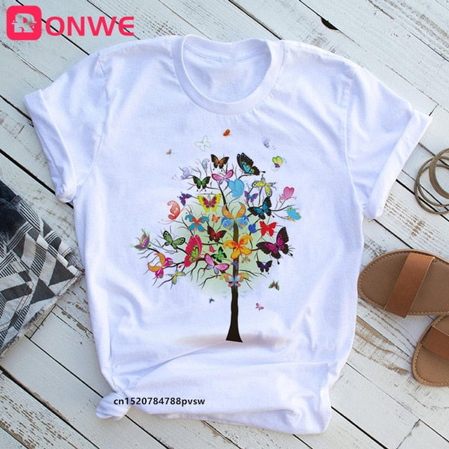 Woman Butterfly Tree Print Harajuku Summer Tshirts Casual Round Neck Short Slee Top Tee Shirt,Drop Ship
