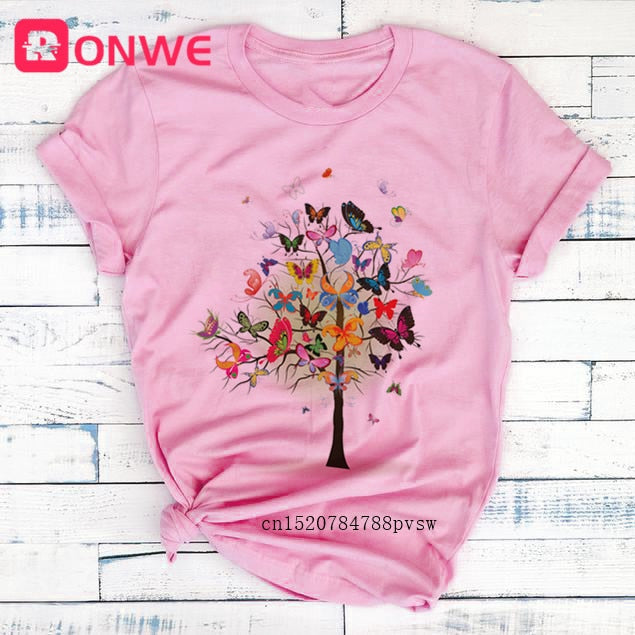 Woman Butterfly Tree Print Harajuku Summer Tshirts Casual Round Neck Short Slee Top Tee Shirt,Drop Ship