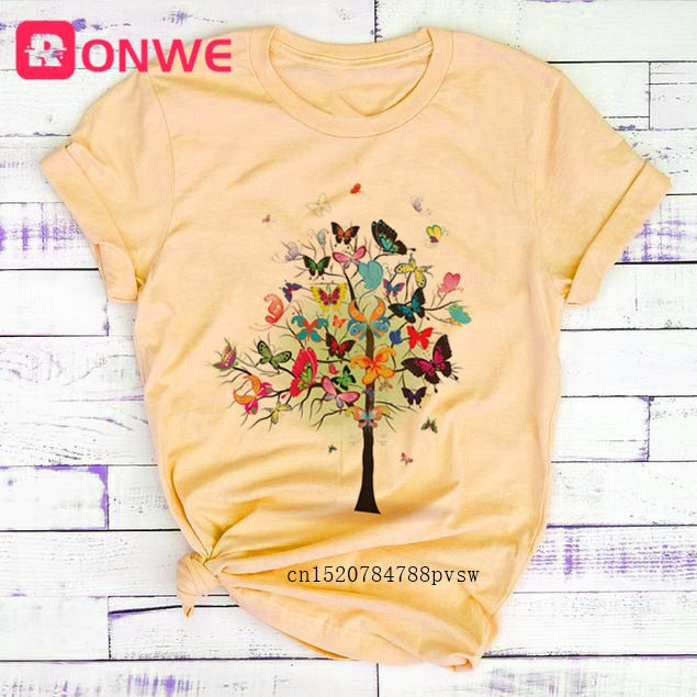 Woman Butterfly Tree Print Harajuku Summer Tshirts Casual Round Neck Short Slee Top Tee Shirt,Drop Ship