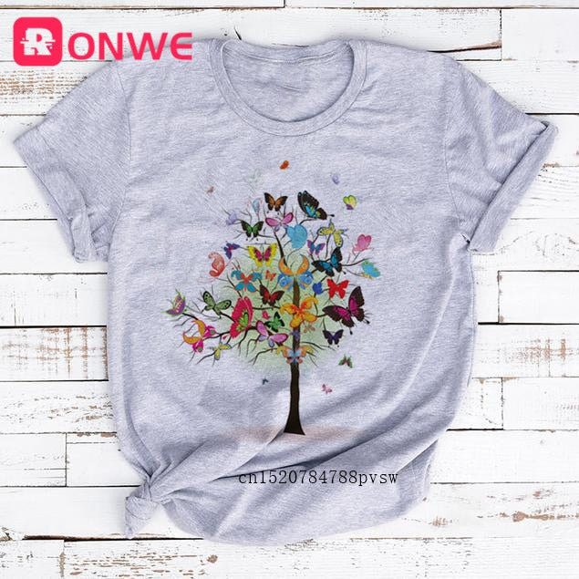 Woman Butterfly Tree Print Harajuku Summer Tshirts Casual Round Neck Short Slee Top Tee Shirt,Drop Ship