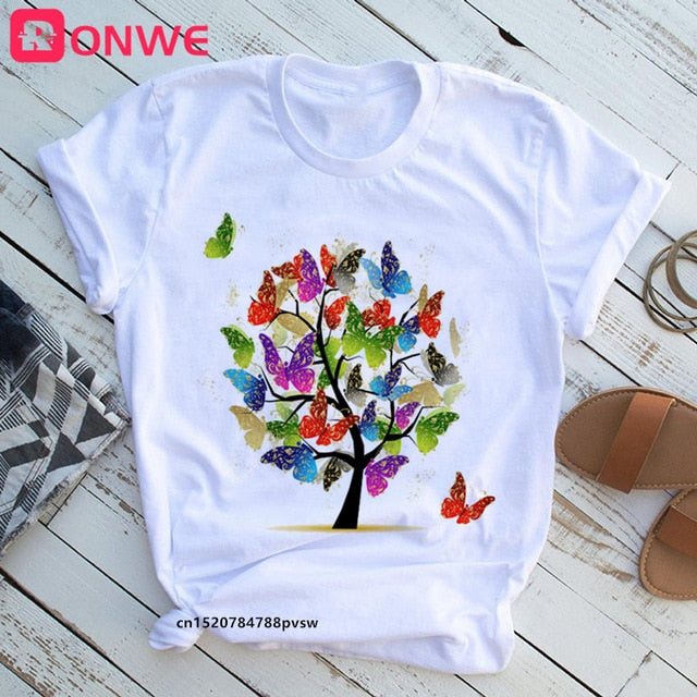 Woman Butterfly Tree Print Harajuku Summer Tshirts Casual Round Neck Short Slee Top Tee Shirt,Drop Ship