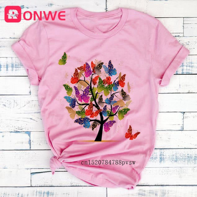Woman Butterfly Tree Print Harajuku Summer Tshirts Casual Round Neck Short Slee Top Tee Shirt,Drop Ship