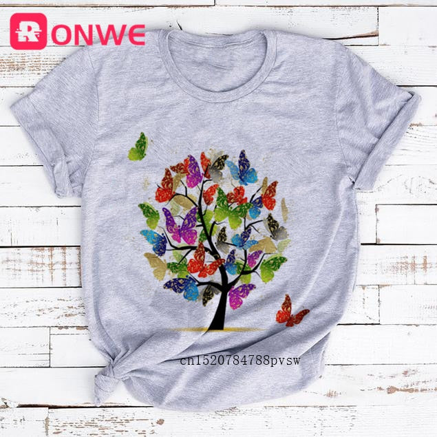 Woman Butterfly Tree Print Harajuku Summer Tshirts Casual Round Neck Short Slee Top Tee Shirt,Drop Ship