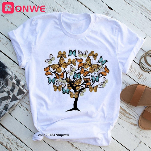 Woman Butterfly Tree Print Harajuku Summer Tshirts Casual Round Neck Short Slee Top Tee Shirt,Drop Ship