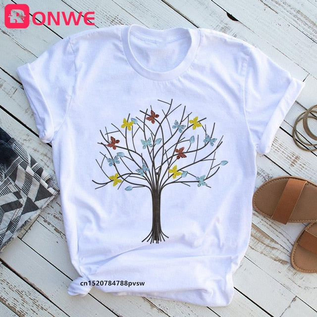 Woman Butterfly Tree Print Harajuku Summer Tshirts Casual Round Neck Short Slee Top Tee Shirt,Drop Ship