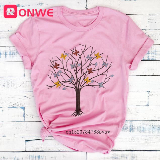 Woman Butterfly Tree Print Harajuku Summer Tshirts Casual Round Neck Short Slee Top Tee Shirt,Drop Ship
