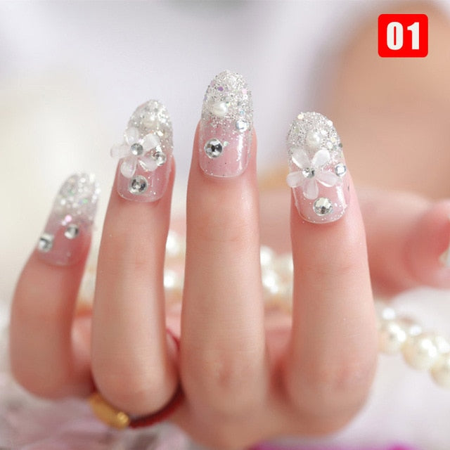 24pcs Ladies Fake Nails Transparent Floral Beads Decor DIY Bride False Nail Sdecoration Supplies Nail Stickers накладные ногти