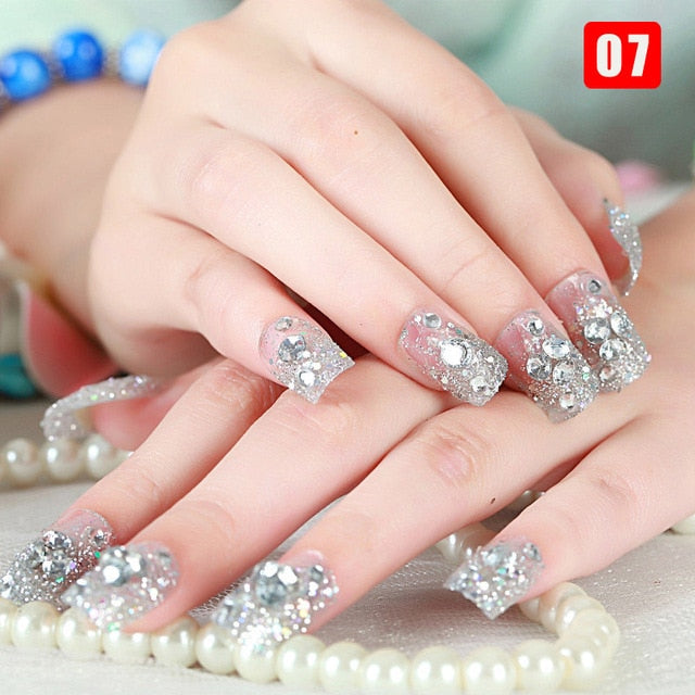 24pcs Ladies Fake Nails Transparent Floral Beads Decor DIY Bride False Nail Sdecoration Supplies Nail Stickers накладные ногти