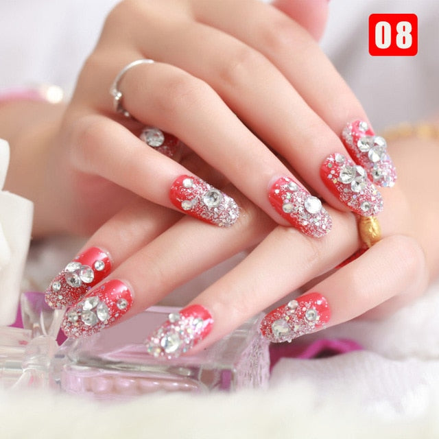 24pcs Ladies Fake Nails Transparent Floral Beads Decor DIY Bride False Nail Sdecoration Supplies Nail Stickers накладные ногти