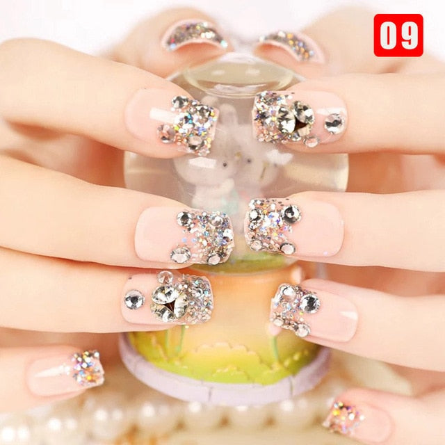 24pcs Ladies Fake Nails Transparent Floral Beads Decor DIY Bride False Nail Sdecoration Supplies Nail Stickers накладные ногти