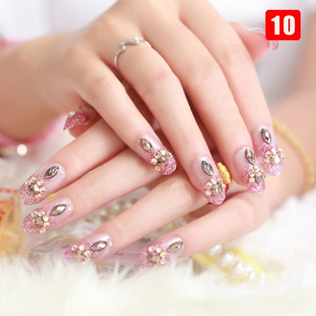 24pcs Ladies Fake Nails Transparent Floral Beads Decor DIY Bride False Nail Sdecoration Supplies Nail Stickers накладные ногти