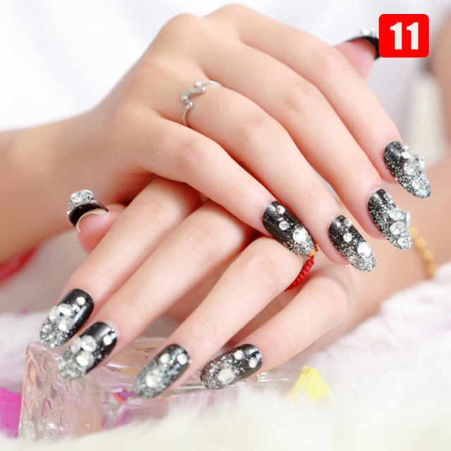 24pcs Ladies Fake Nails Transparent Floral Beads Decor DIY Bride False Nail Sdecoration Supplies Nail Stickers накладные ногти