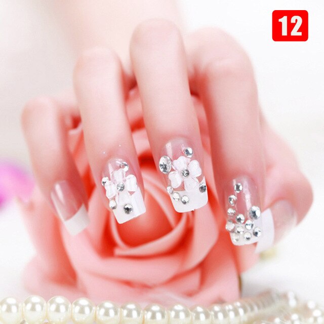 24pcs Ladies Fake Nails Transparent Floral Beads Decor DIY Bride False Nail Sdecoration Supplies Nail Stickers накладные ногти