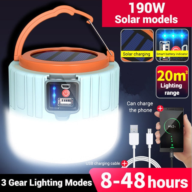 LED Camping Light USB Portable lighting Phone Charge Solar Camping Lantern Rechargeable Lamp Waterproof Outdoor Hiking Fishing