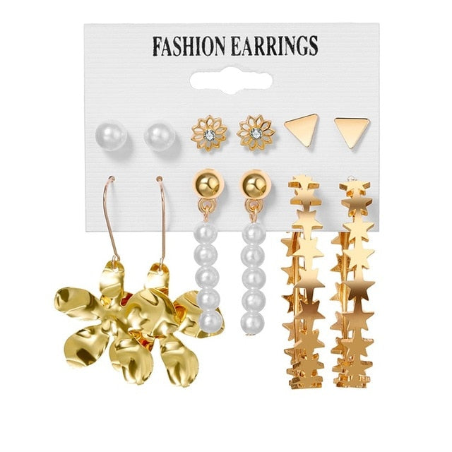FNIO Women's Earrings Set Pearl Earrings For Women Bohemian Fashion Jewelry 2020 Geometric Crystal Heart Stud Earrings