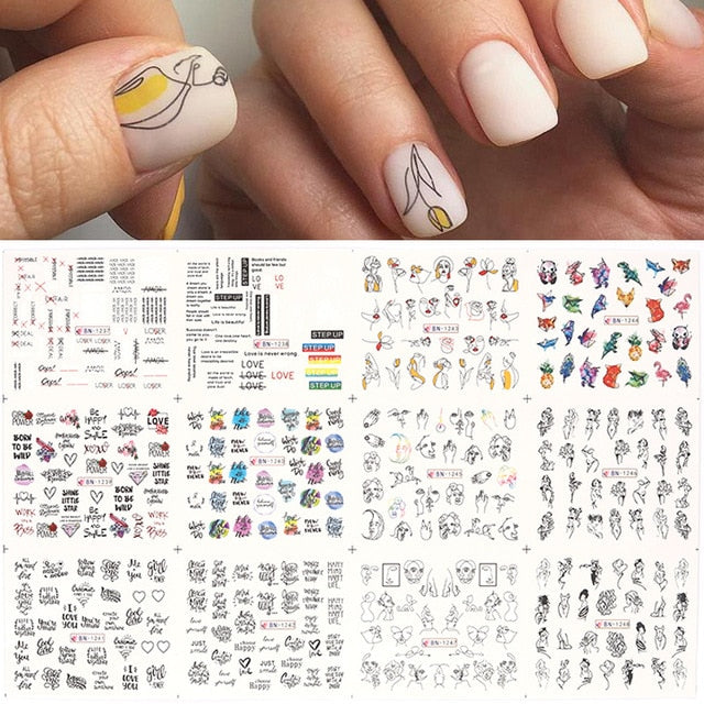 12 Designs Nail Stickers Set Mixed Floral Geometric Nail Art Water Transfer Decals Sliders Flower Leaves Manicures Decoration