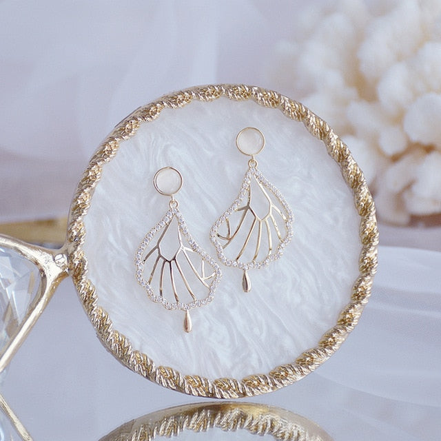 JUWANG Luxury 14K Real Gold Plated Leaves Earring Delicate Micro Inlaid Cubic Zircon CZ Stud Earrings Wedding Jewelry Pendant