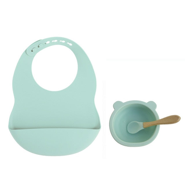 New Colors Feeding set Food Grade Silicone Bibs Baby Plate Non-silp Suction Bowl Kids Tableware Waterproof Bib BPA Free Spoon