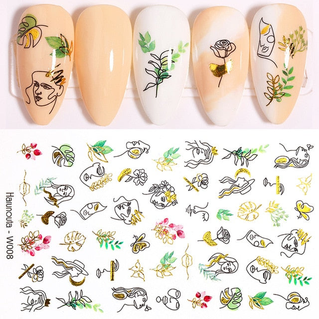 12 Designs Nail Stickers Set Mixed Floral Geometric Nail Art Water Transfer Decals Sliders Flower Leaves Manicures Decoration