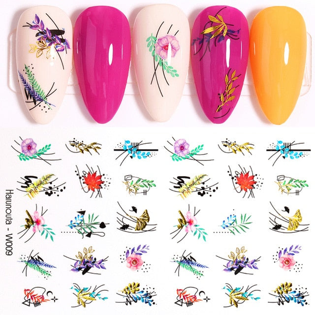 12 Designs Nail Stickers Set Mixed Floral Geometric Nail Art Water Transfer Decals Sliders Flower Leaves Manicures Decoration