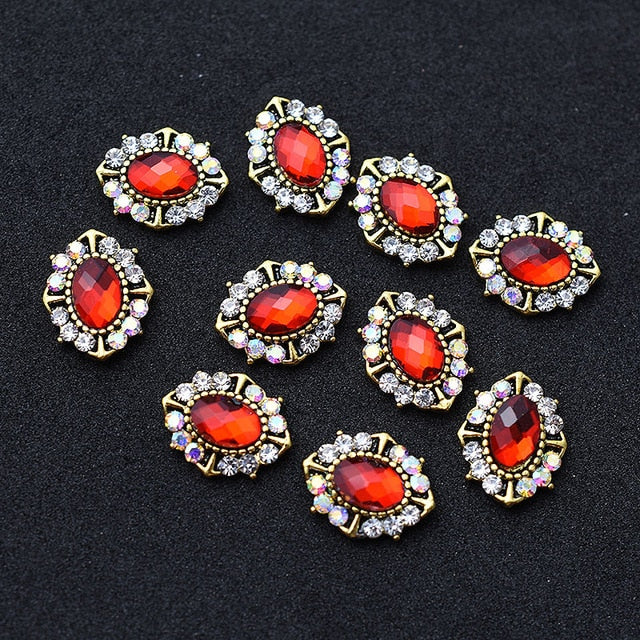10pcs Gold 3D Red Gems Crystal Bright Nail Rhinestone Alloy Nail Art Decorations Glitter DIY Nails Accessories Supplies TOP