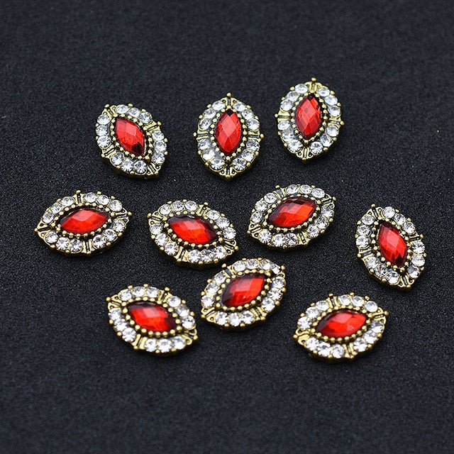 10pcs Gold 3D Red Gems Crystal Bright Nail Rhinestone Alloy Nail Art Decorations Glitter DIY Nails Accessories Supplies TOP