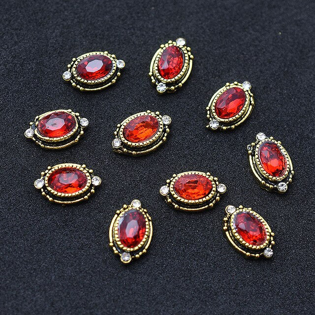 10pcs Gold 3D Red Gems Crystal Bright Nail Rhinestone Alloy Nail Art Decorations Glitter DIY Nails Accessories Supplies TOP