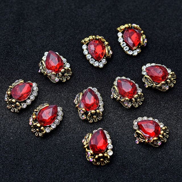 10pcs Gold 3D Red Gems Crystal Bright Nail Rhinestone Alloy Nail Art Decorations Glitter DIY Nails Accessories Supplies TOP